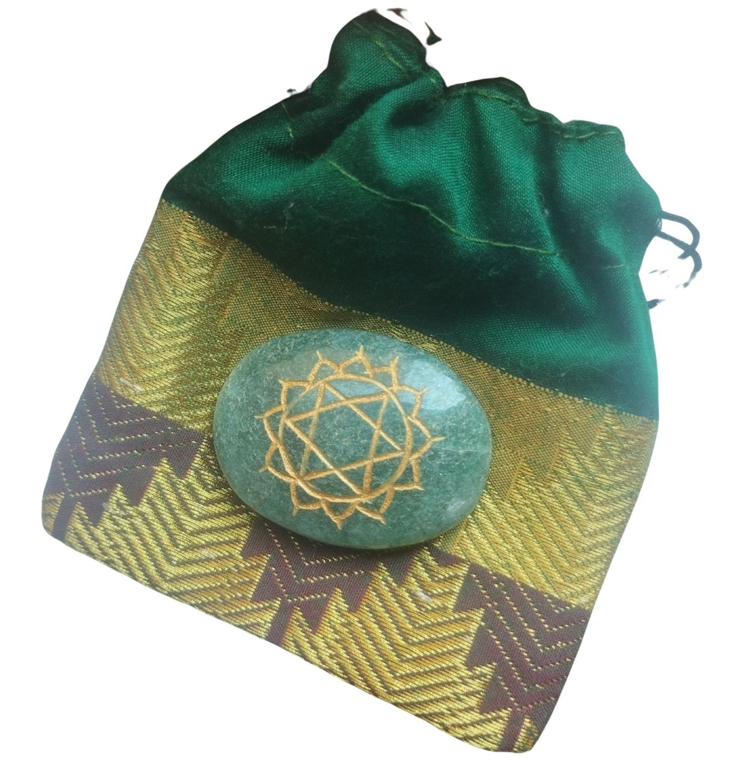 Green Aventurine Heart Chakra Pocket Stone with Recycled sari drawstring Pouch