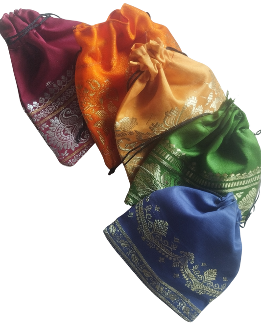 10 brightly coloured recycled sari drawstring pouches 4" x 4"