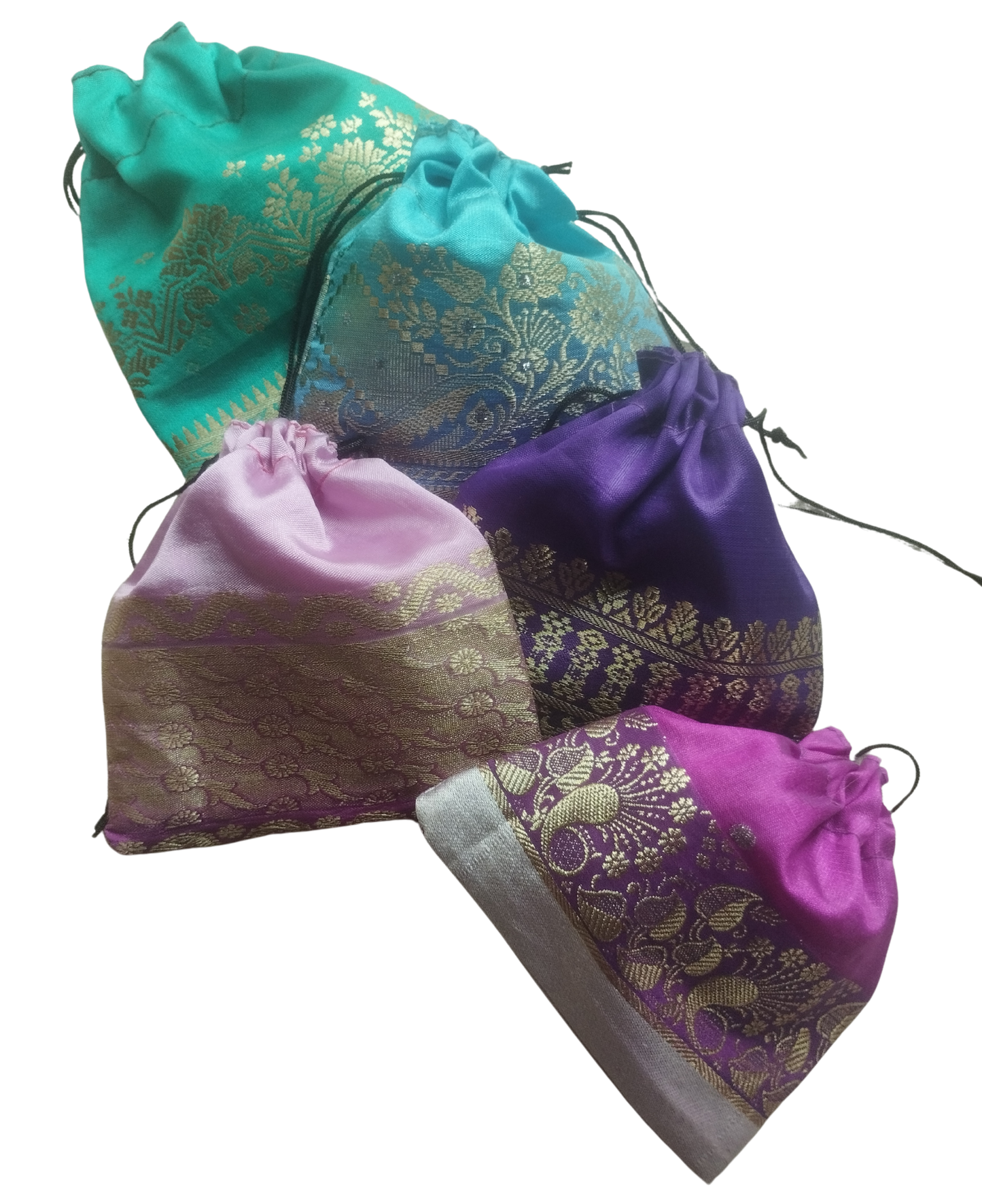 10 brightly coloured recycled sari drawstring pouches 4" x 4"