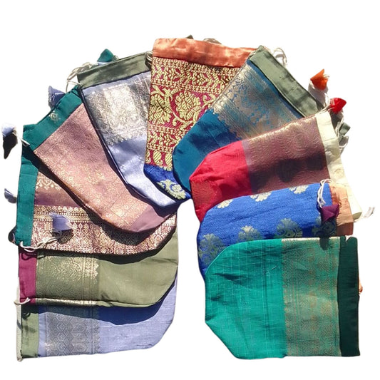 10 x Recycled sari drawstring pouches, gift bags, 5" x 7" (12.5 cm x 17.5 cm)
