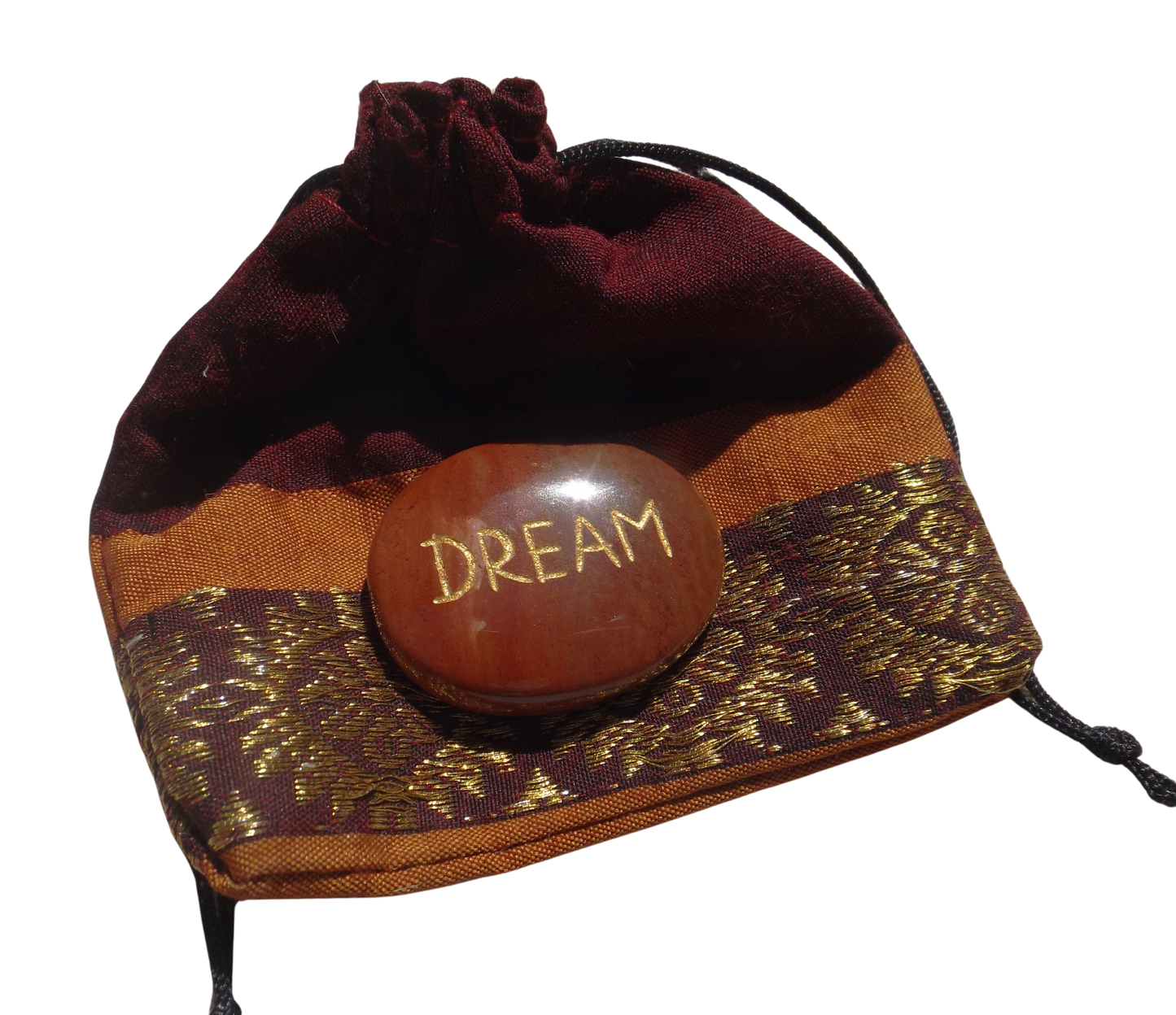 Red Aventurine Pocket Stone – “Dream” Engraved in Gold with Recycled Sari Pouch