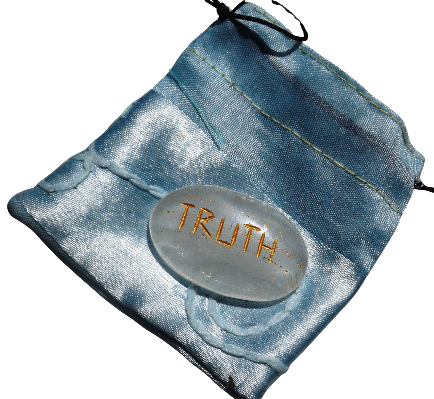 Clear Quartz Pocket Stone – “Truth” Engraved in Gold with Recycled Sari Pouch