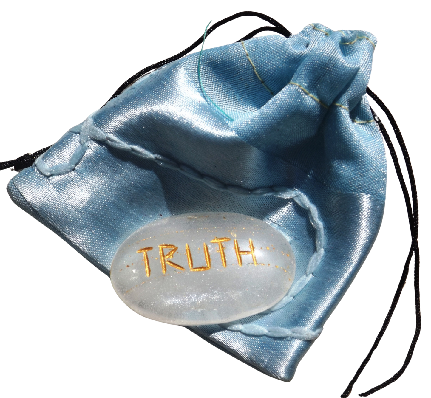 Clear Quartz Pocket Stone – “Truth” Engraved in Gold with Recycled Sari Pouch