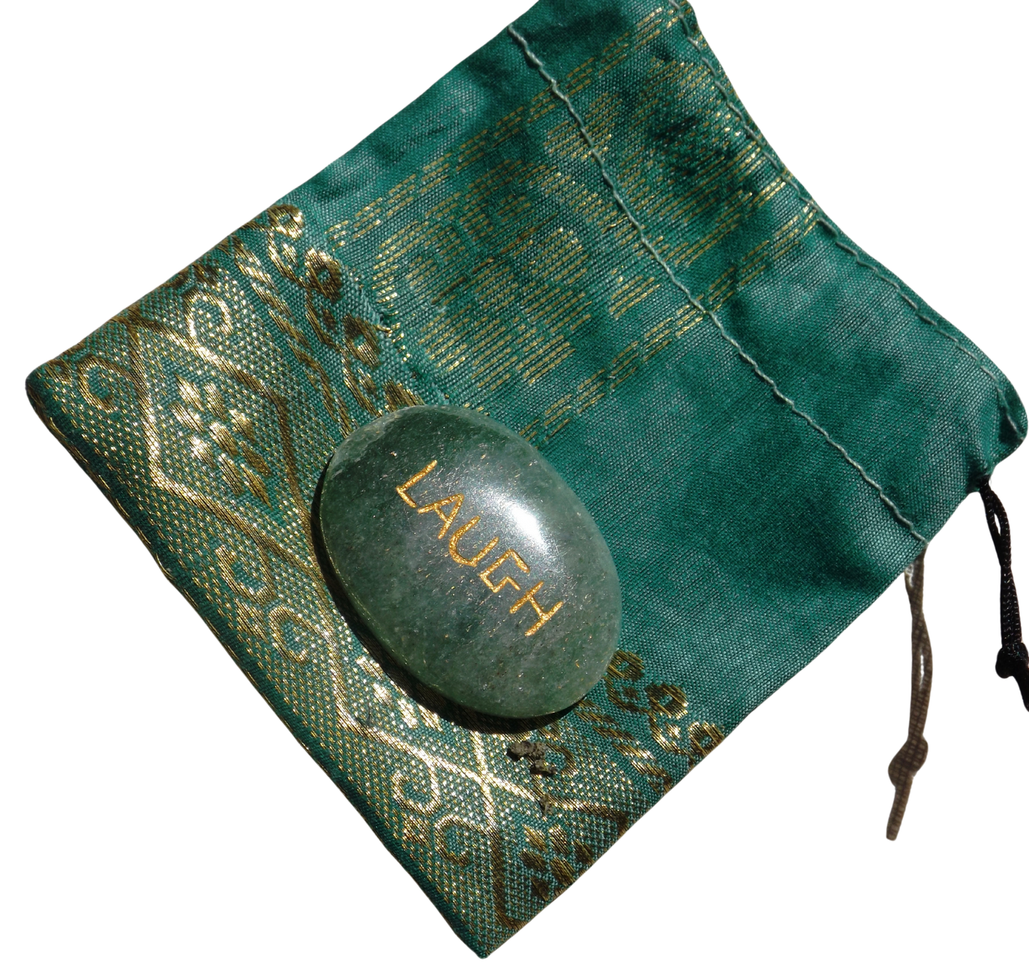 Green Aventurine LAUGH Pocket Stone with Recycled sari drawstring Pouch