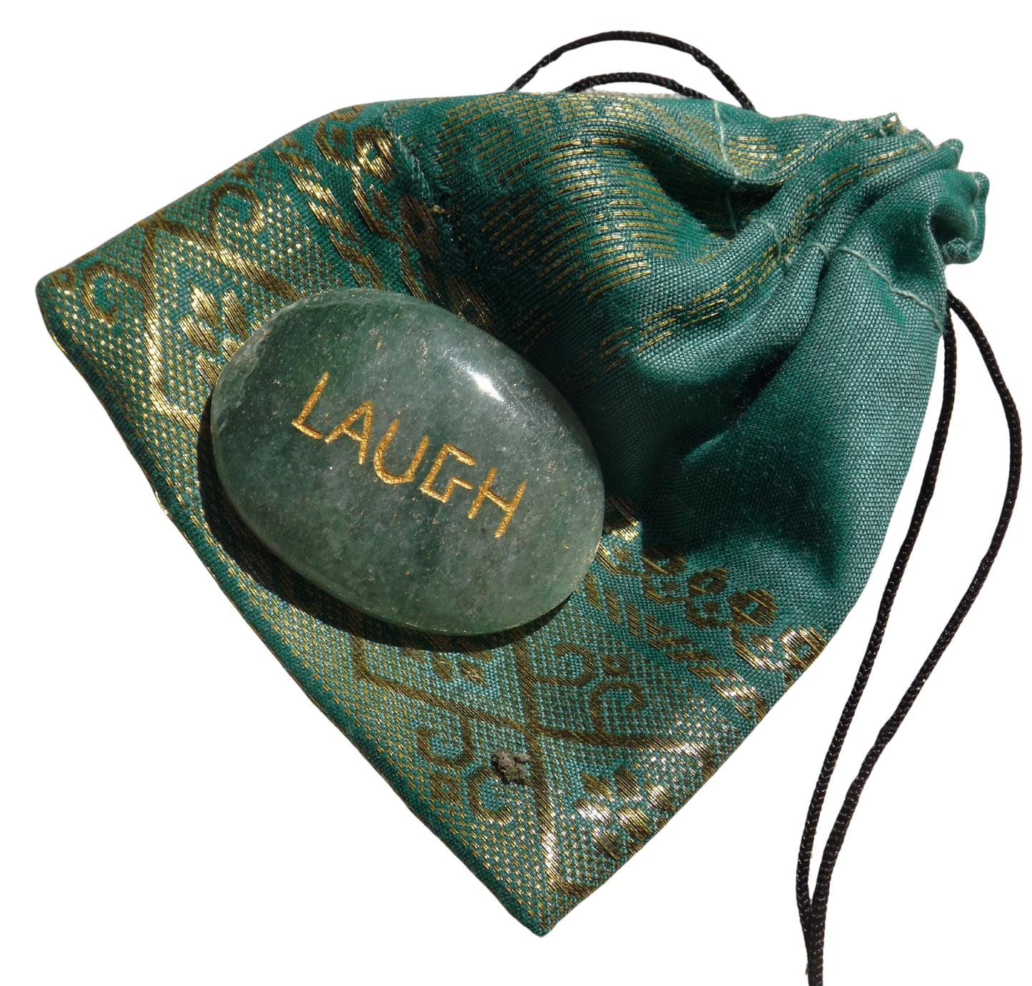 Green Aventurine LAUGH Pocket Stone with Recycled sari drawstring Pouch