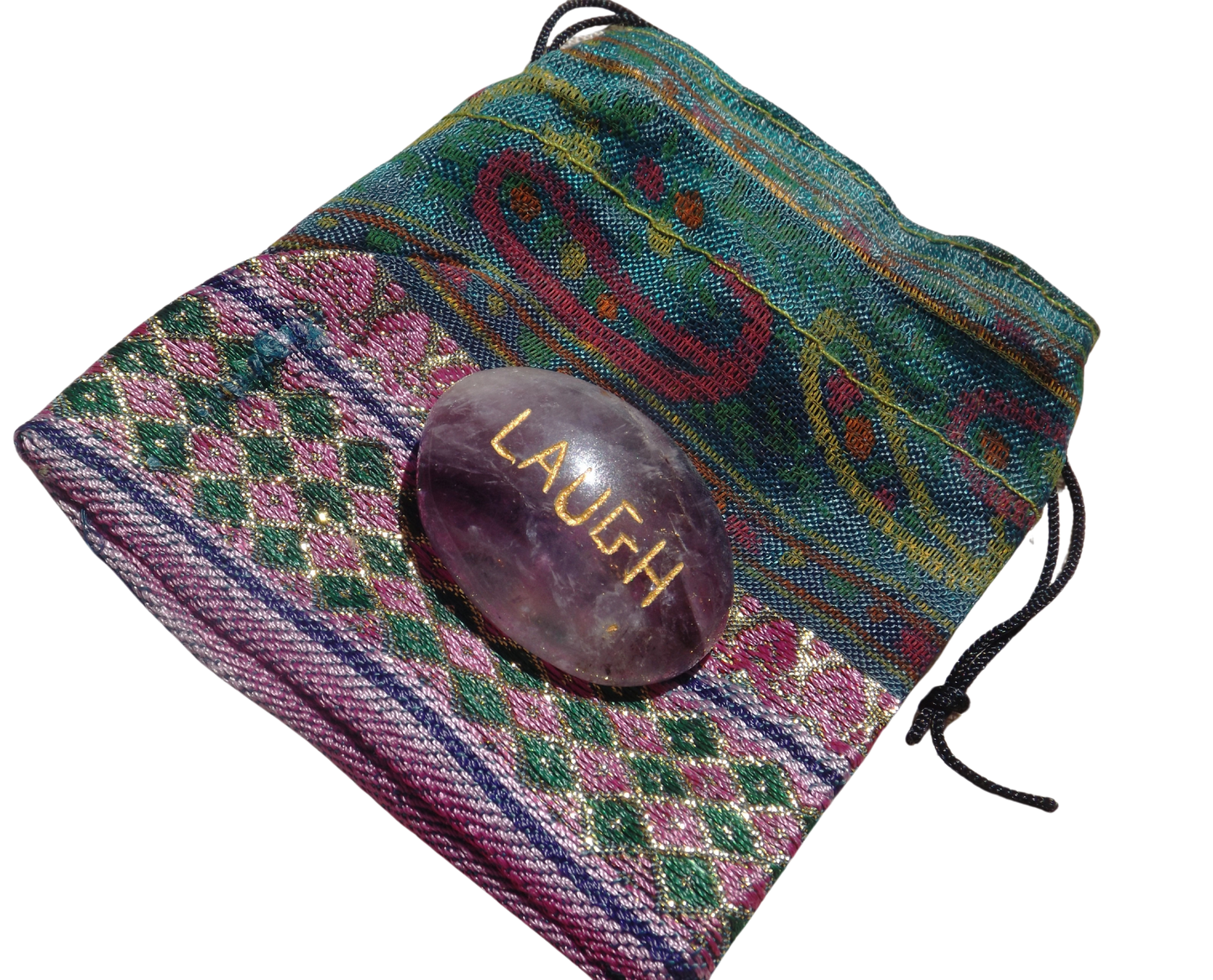 Purple Amethyst LAUGH Pocket Stone with Recycled sari drawstring Pouch