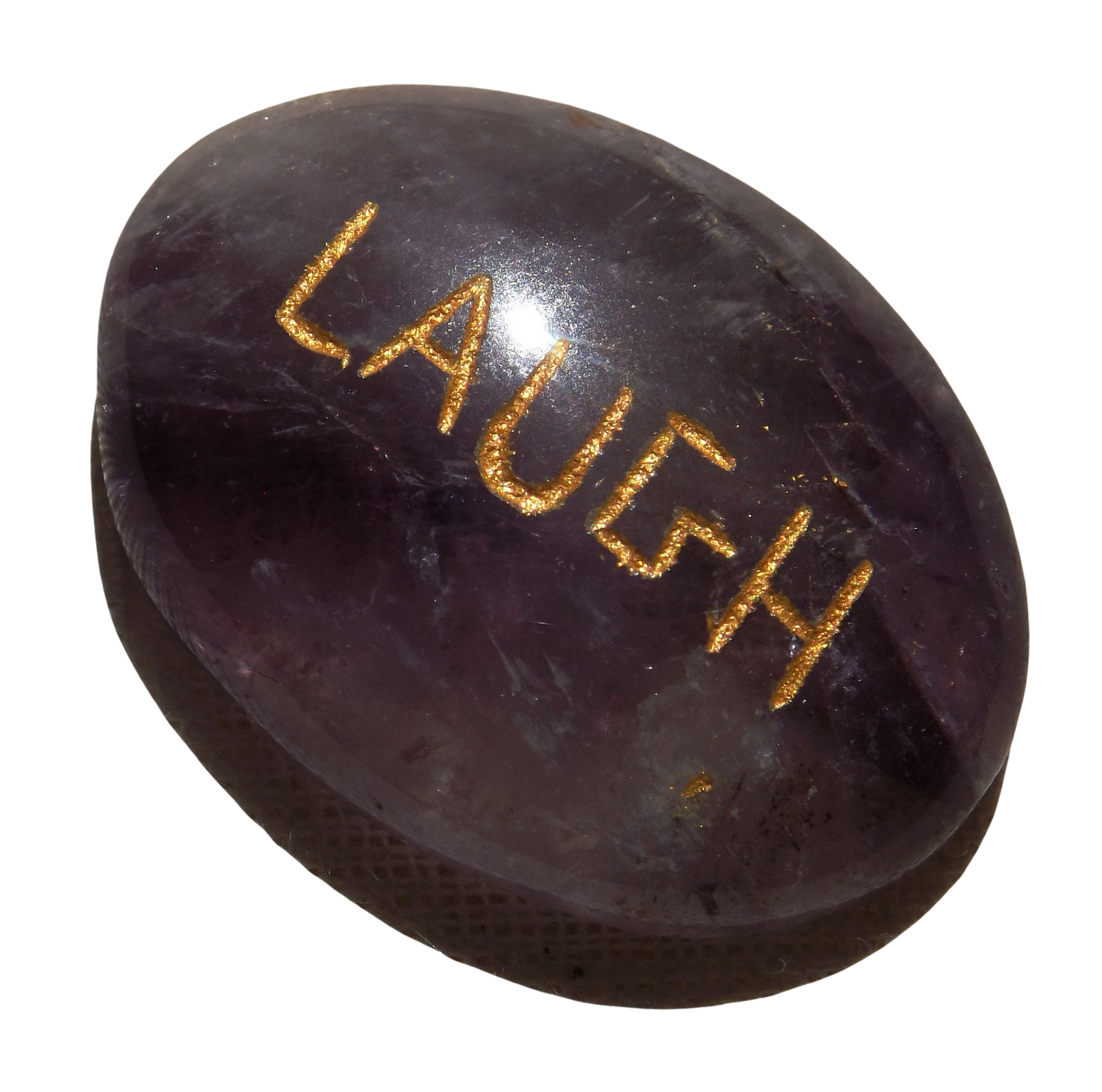 Purple Amethyst LAUGH Pocket Stone with Recycled sari drawstring Pouch