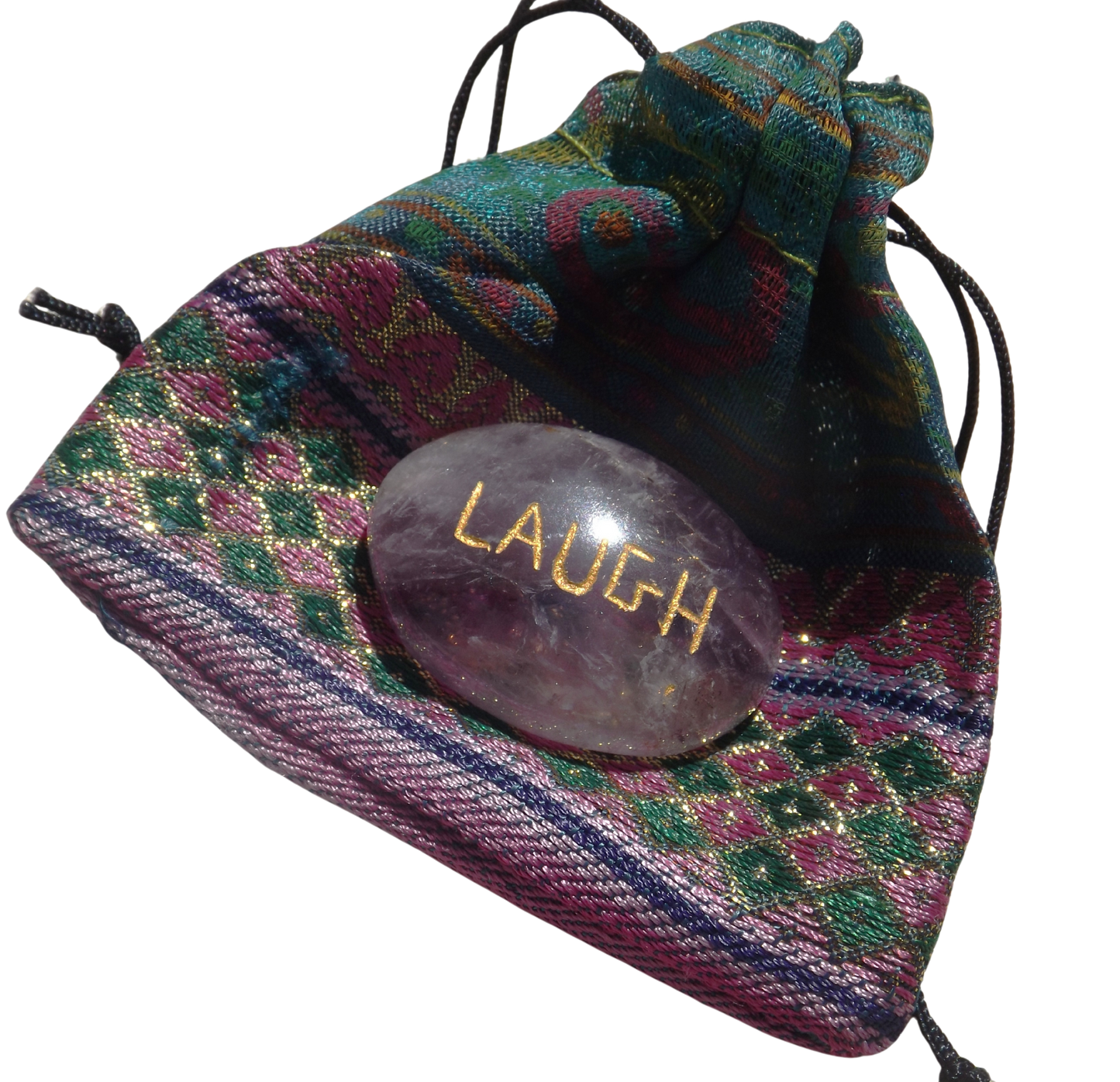 Purple Amethyst LAUGH Pocket Stone with Recycled sari drawstring Pouch