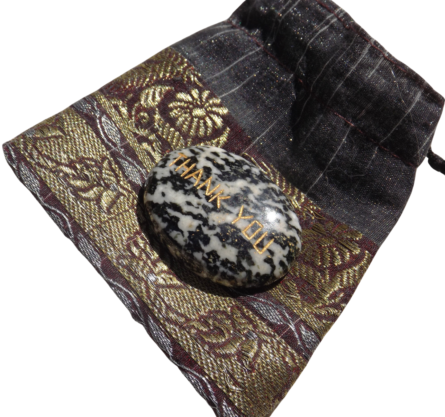 Moss Agate Pocket Stone – “Thank You” Engraved in Gold with Recycled Sari Pouch