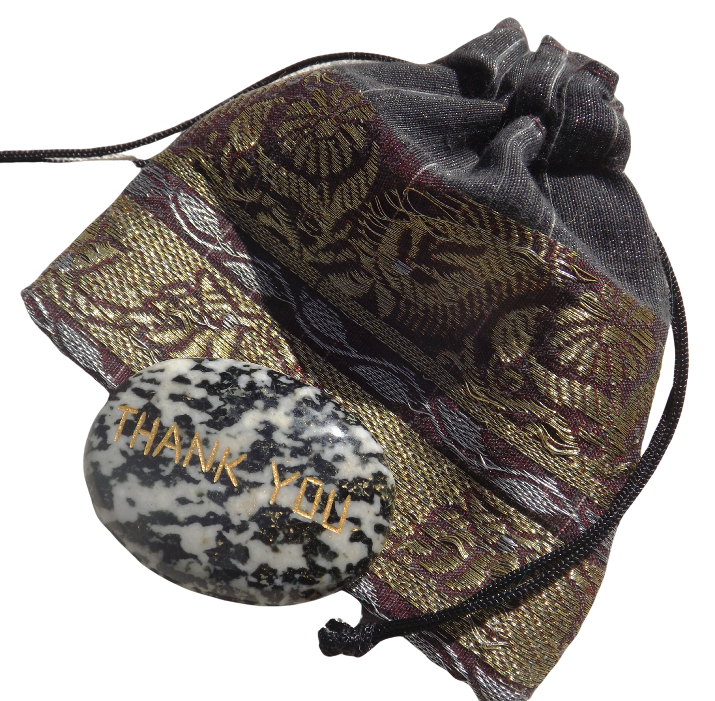 Moss Agate Pocket Stone – “Thank You” Engraved in Gold with Recycled Sari Pouch