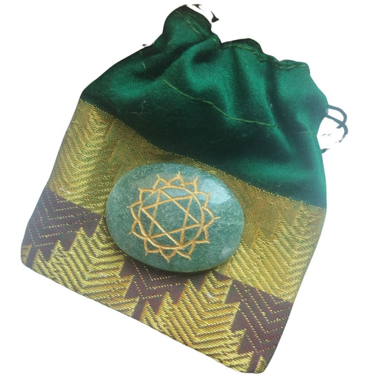Green Aventurine Heart Chakra Pocket Stone with Recycled sari drawstring Pouch