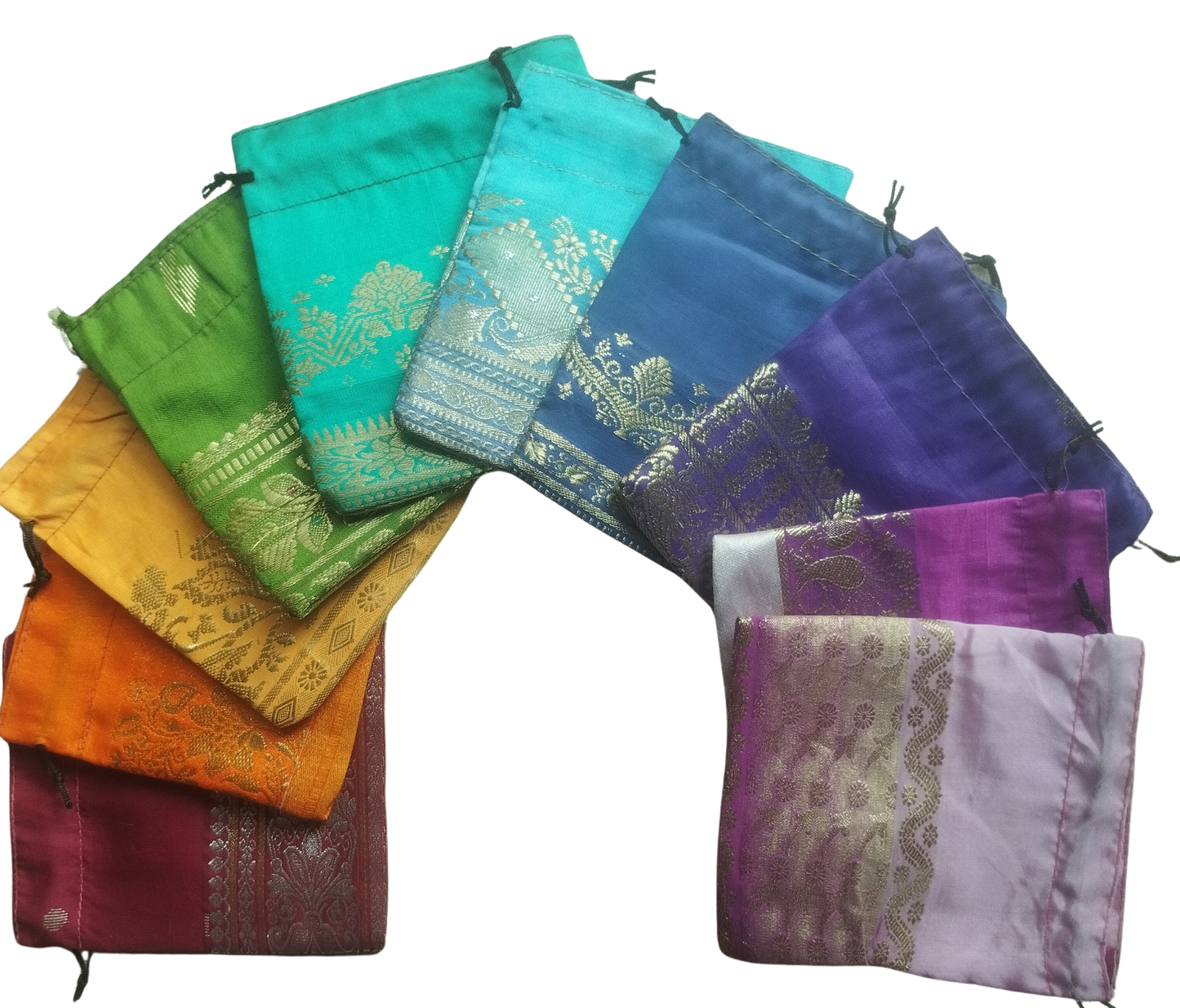 10 brightly coloured recycled sari drawstring pouches 4" x 4"