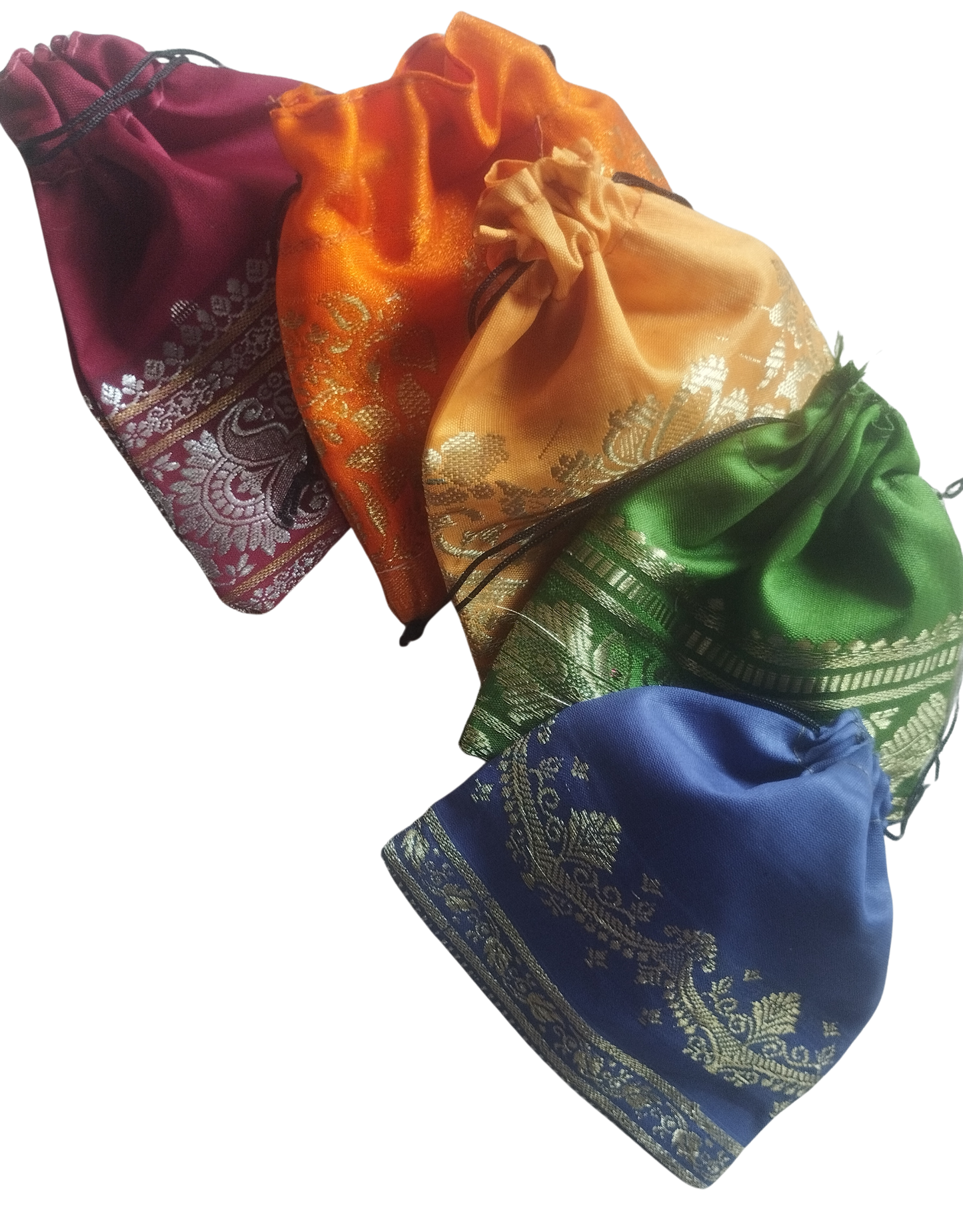 10 brightly coloured recycled sari drawstring pouches 4" x 4"