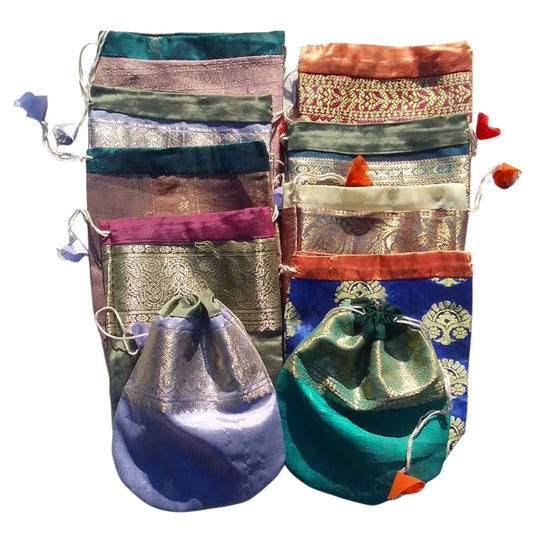 10 x Recycled sari drawstring pouches, gift bags, 5" x 7" (12.5 cm x 17.5 cm)