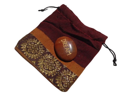 Red Aventurine Pocket Stone – “Dream” Engraved in Gold with Recycled Sari Pouch