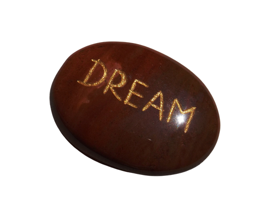 Red Aventurine Pocket Stone – “Dream” Engraved in Gold with Recycled Sari Pouch