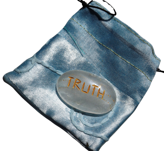 Clear Quartz Pocket Stone – “Truth” Engraved in Gold with Recycled Sari Pouch
