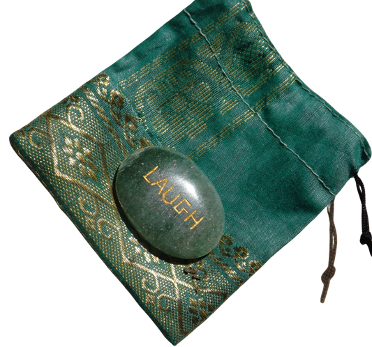 Green Aventurine LAUGH Pocket Stone with Recycled sari drawstring Pouch