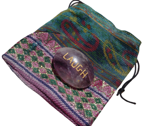Purple Amethyst LAUGH Pocket Stone with Recycled sari drawstring Pouch