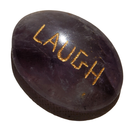 Purple Amethyst LAUGH Pocket Stone with Recycled sari drawstring Pouch
