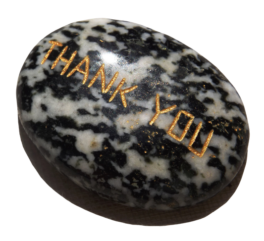 Moss Agate Pocket Stone – “Thank You” Engraved in Gold with Recycled Sari Pouch